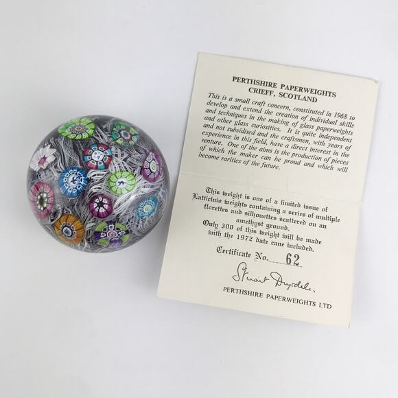 Perthshire PP13 1972 Spaced Millefiori Latticinio Rod Amethyst Paperweight Cert - Picture 2 of 13